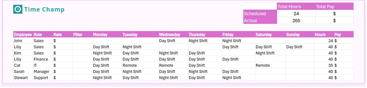 shift work roster template
